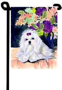 Maltese (Waiting with Flowers) - 11"x15" 2-Sided Garden Banner