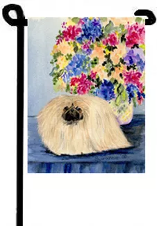 Pekingese (Waiting with Flowers) - 11"x15" 2-Sided Garden Banner
