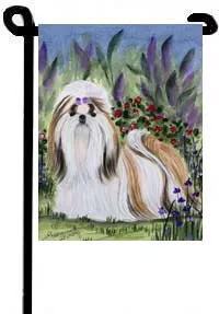 Shih Tzu Canvas House Flag - In the Flowers
