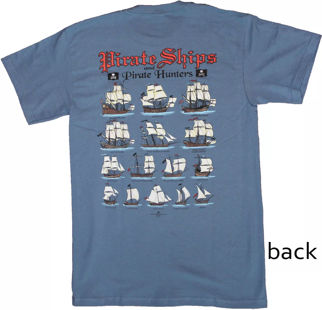 Pirate Ships and Pirate Hunters Blue Cotton T-Shirt - S, Blue