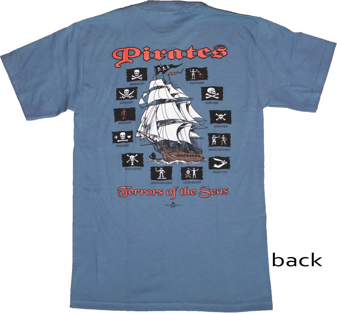 Pirates: Terrors of the Seas Blue Cotton T-Shirt - S, Blue