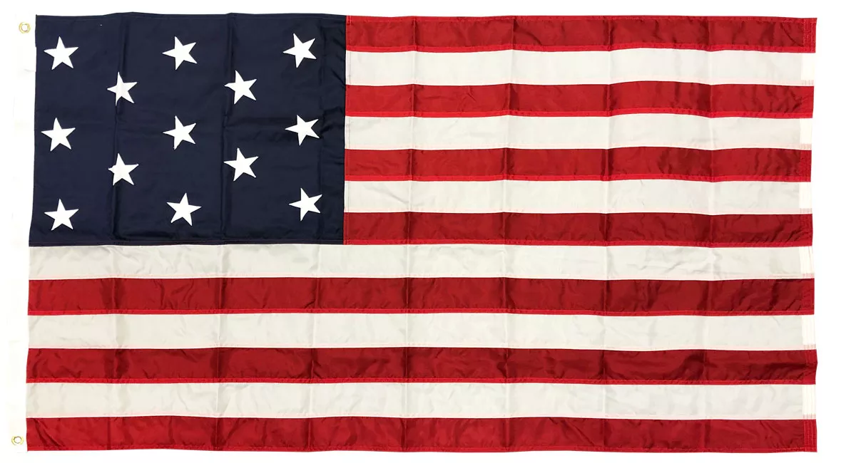 USA (13-Star) - 3'X5' Nylon Flag (sewn) - Nylon, 3' x 5', Without Fringe, Grommets, Sewn / Embroidered, Sewn