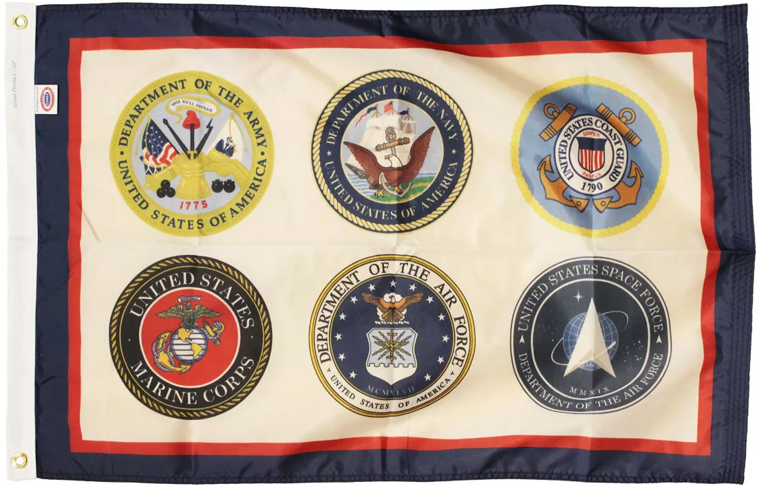 Armed Forces (6 Seals) - 2'X3' Nylon Flag - Nylon, 2' x 3', Without Fringe, Grommets, Dyed