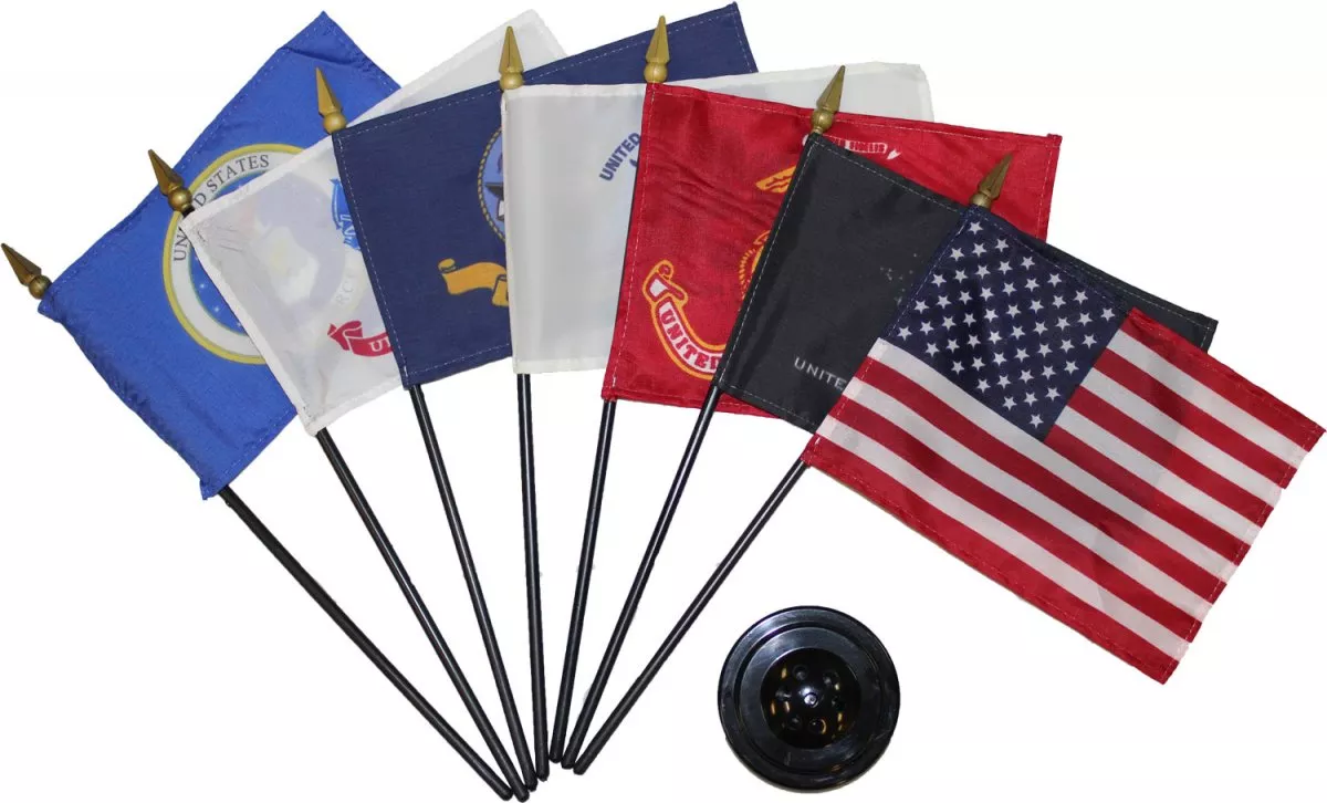 Armed Forces - 4" x 6" Military Stick Flag Set (7 Flags) - Nylon, 4" x 6", Without Fringe, Dyed