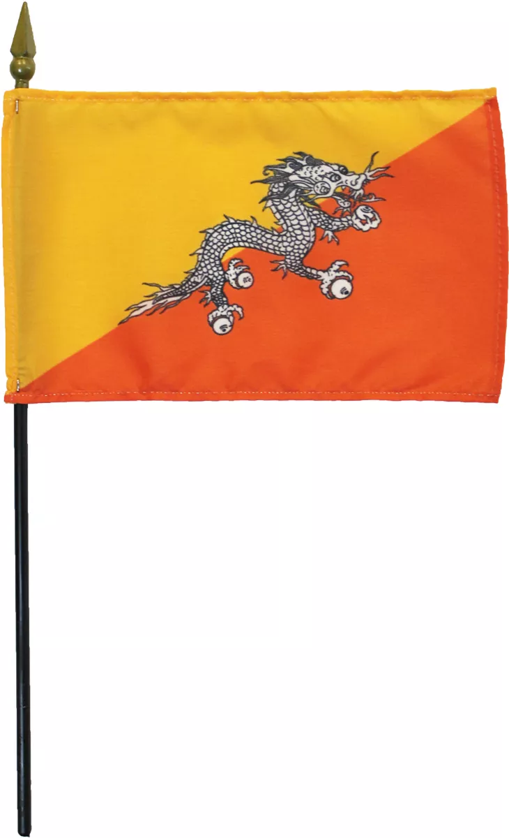 Bhutan - 4"X6" Stick Flag - 4" x 6", Without Fringe