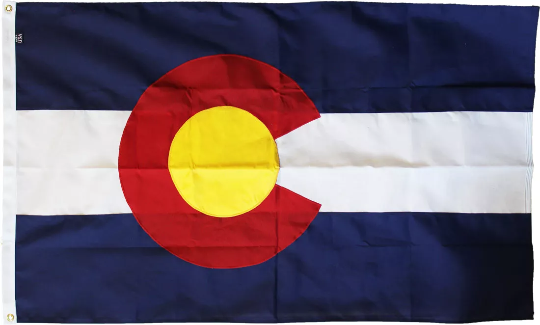 Colorado - 3'X5' Heavy Duty Sewn 2-Ply Polyester Flag (Appliqued C) - Heavy Duty 2-Ply Polyester, 3' x 5', Without Fringe, Grommets, Sewn / Embroidered, Sewn