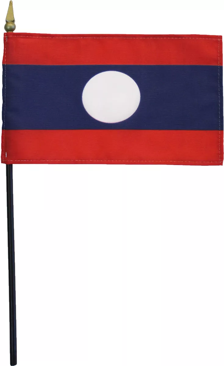 Laos - 4"X6" Stick Flag - 4" x 6", Without Fringe