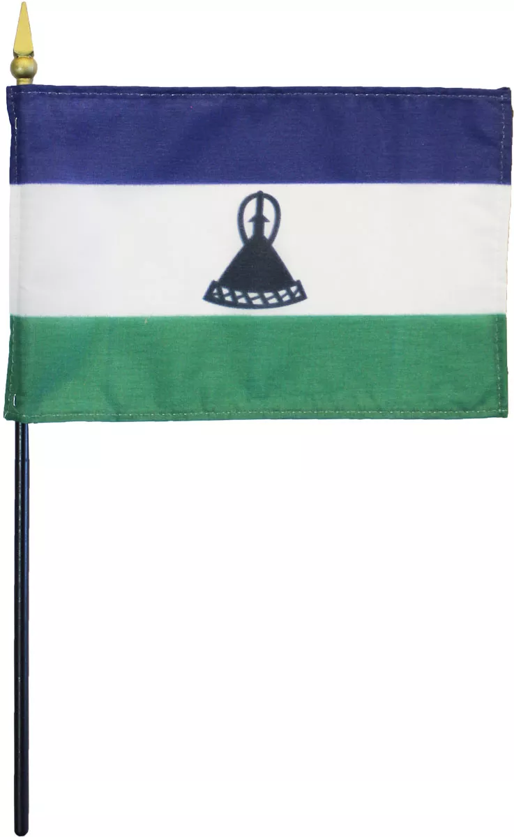 Lesotho - 4"X 6" Stick Flag  - 4" x 6", Without Fringe