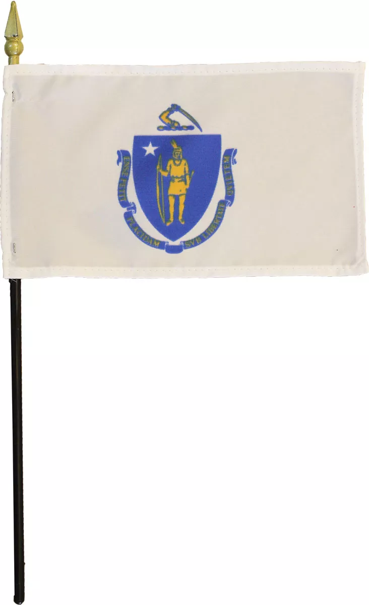 Massachusetts - 4"X6" Stick Flag - 4" x 6", Without Fringe