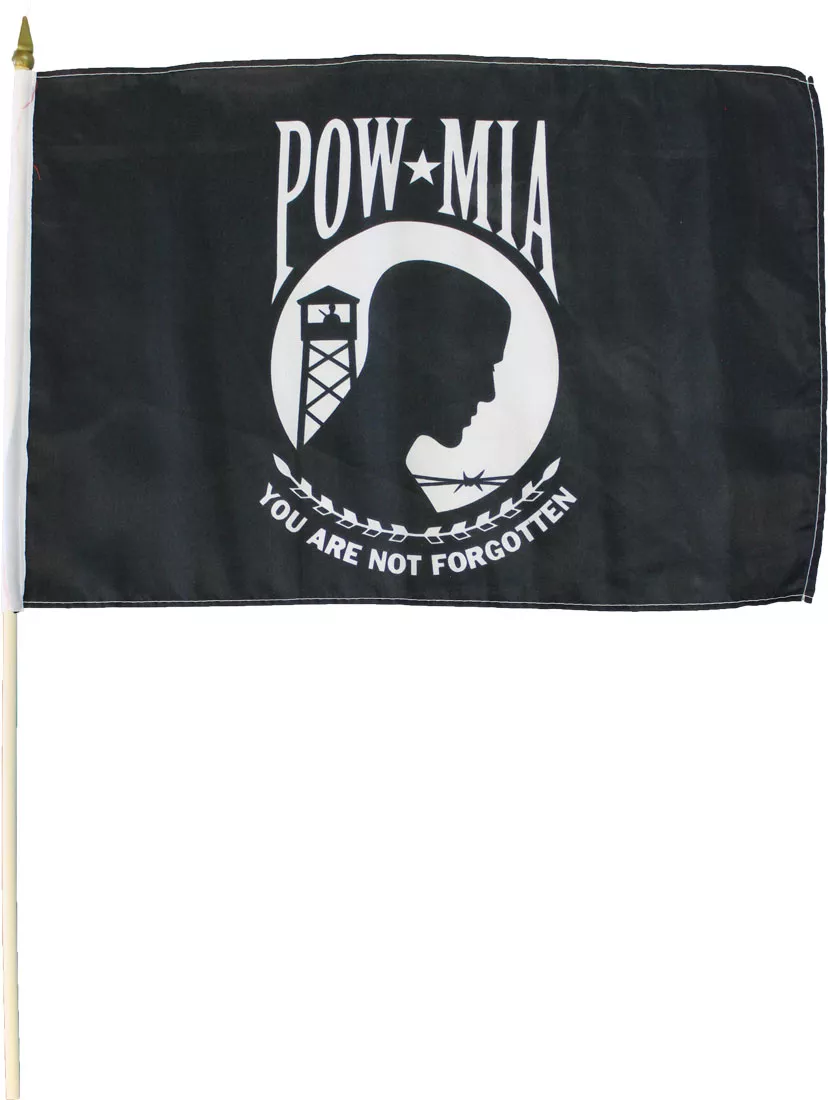 POW-MIA - 12"x18" Stick Flag - Lightweight Polyester, Without Fringe, Pole Hem