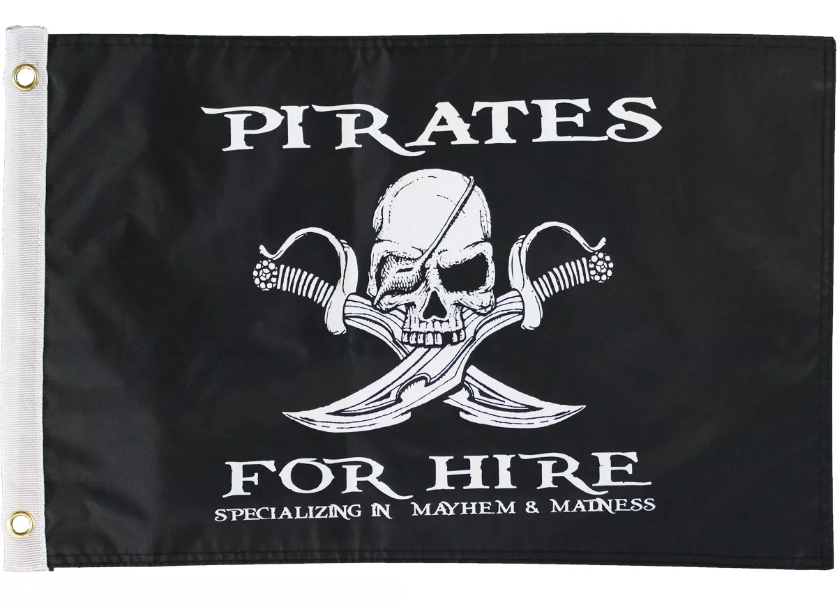 Pirates for Hire - 12"X18" Nylon Flag - Nylon, Without Fringe, Grommets