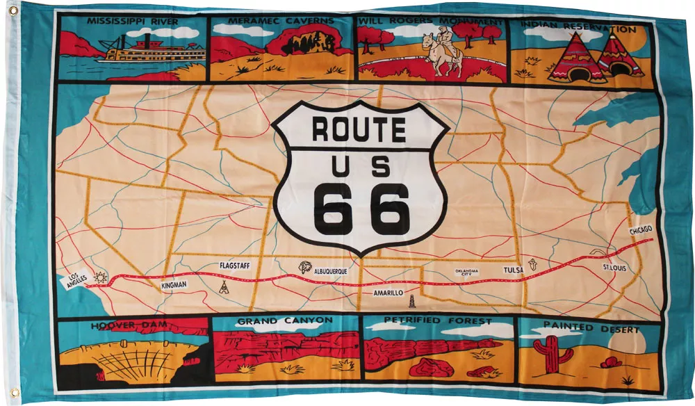 Route 66 - 3'X5'  Polyester Flag (Landscape) - Lightweight Polyester, 3' x 5', Without Fringe, Grommets