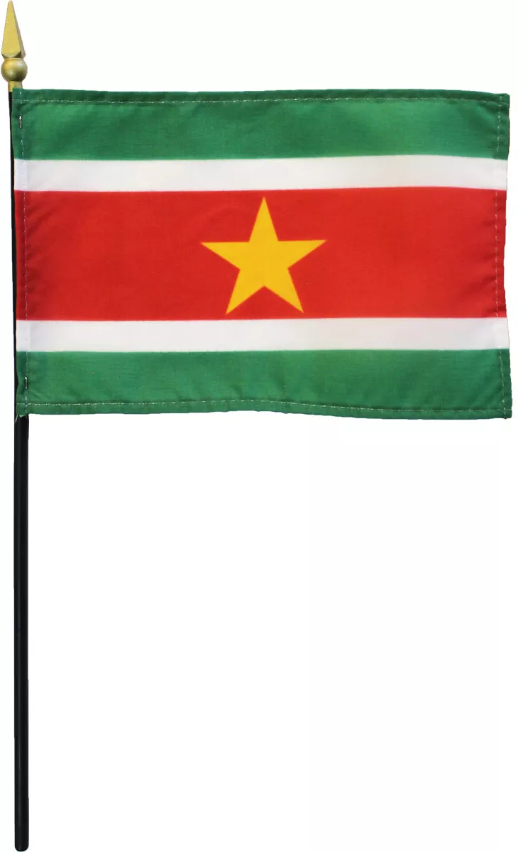 Suriname - 4"X6" Stick Flag - 4" x 6", Without Fringe