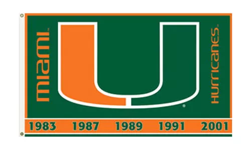 University of Miami - 3' x 5' NCAA 2-Sided Polyester Flag - Medium Knit Polyester, 3' x 5', Without Fringe, Grommets, Dyed