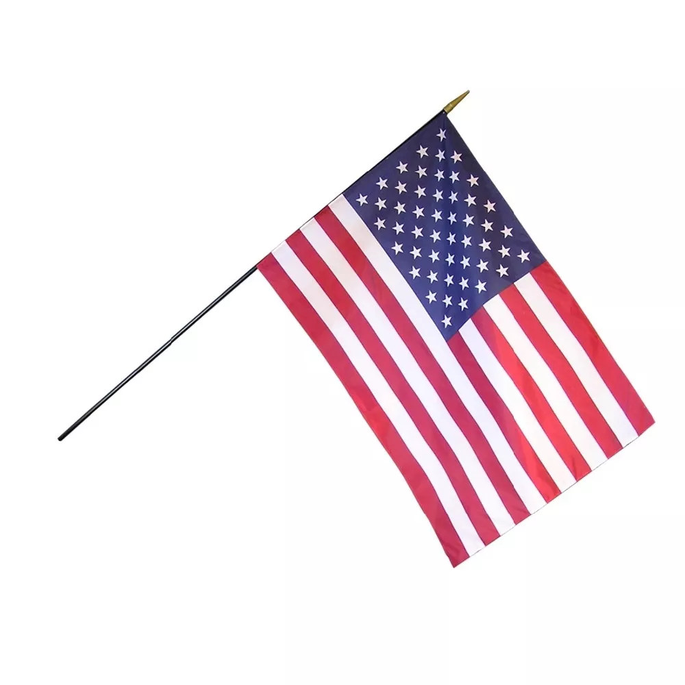USA - 12" x 18" Stick Flag (Black Wooden Staff) - Nylon, Without Fringe