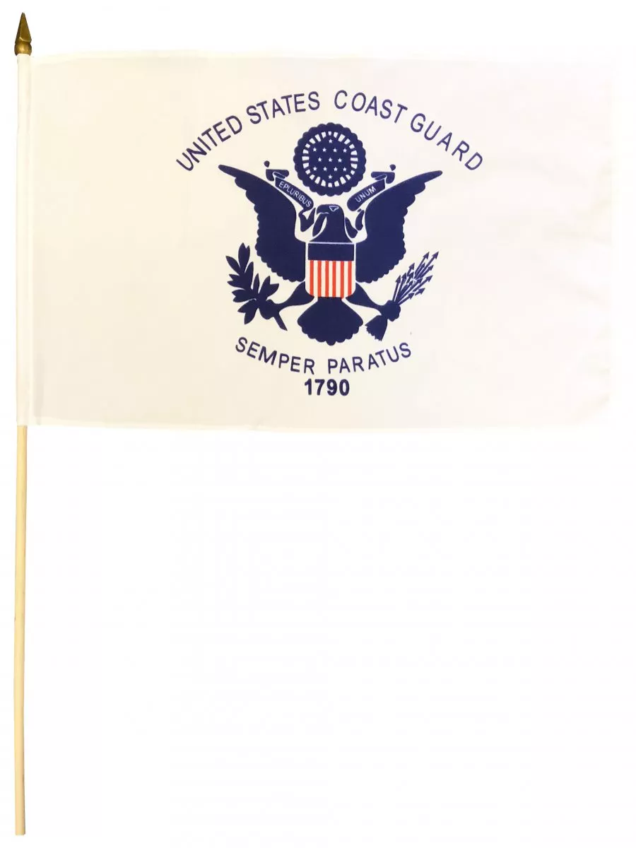 Coast Guard - 12"x18" Stick Flag - Lightweight Polyester, Without Fringe, Pole Hem