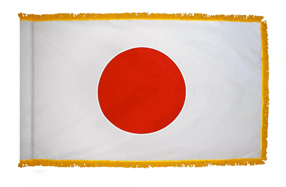 Japan - 3'X5' Nylon Flag with Pole Hem and Gold Fringe - Nylon, 3' x 5', With Fringe, Pole Hem