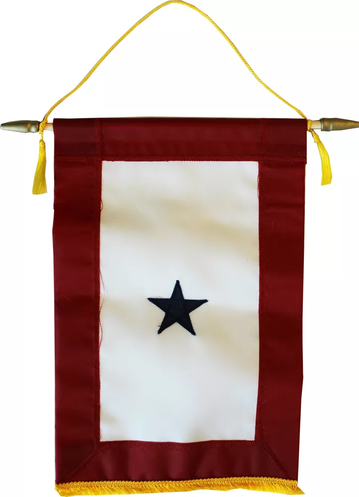 Service Banner (One Star) - 8"x12" Nylon Banner - Nylon, 8" x 12", With Fringe, Pole Hem, Sewn / Embroidered, Sewn