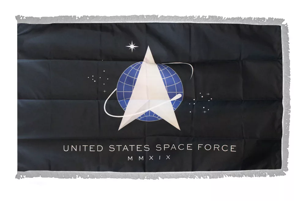 Space Force - 3'X5' Nylon Flag with Pole Hem and Silver Fringe - Nylon, 3' x 5', With Fringe, Pole Hem