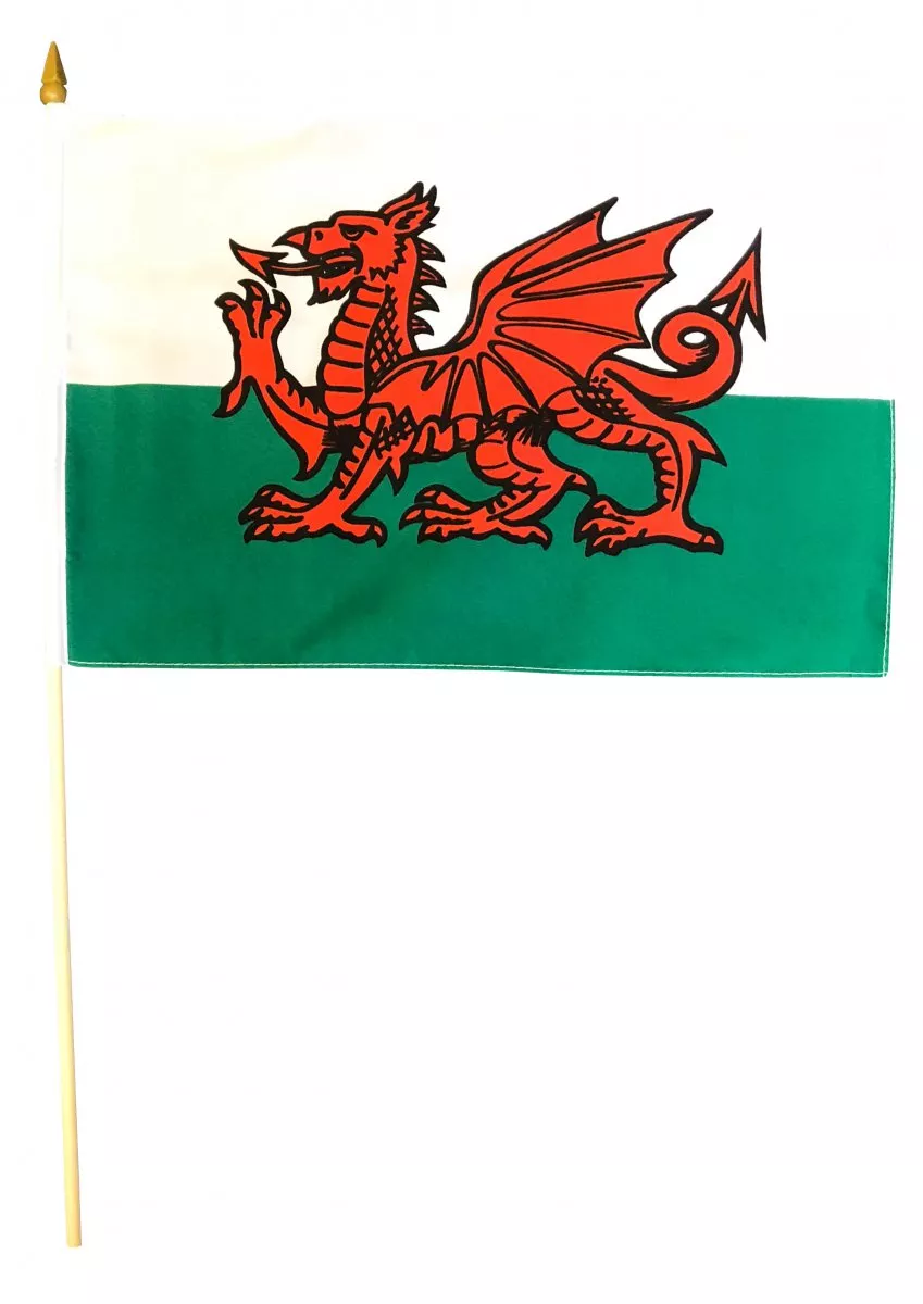 Wales - 12"x18" Stick Flag - Lightweight Polyester, Without Fringe, Pole Hem